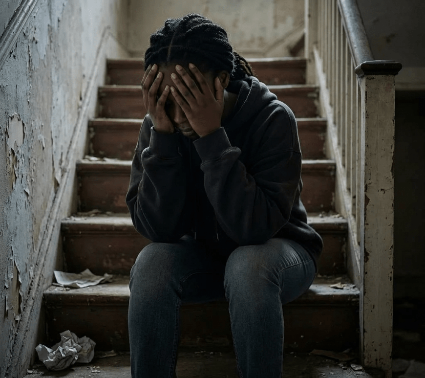 A distressed man sits with eyes closed and hands on his temples in a room.